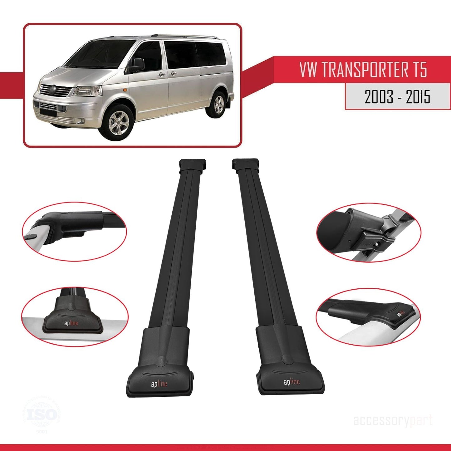 Compatible with Volkswagen Transporter (T5) 2003-2015 FLY Model Roof Rack Black 2 Aluminium Bars