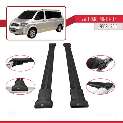 Compatible with Volkswagen Transporter (T5) 2003-2015 FLY Model Roof Rack Black 2 Aluminium Bars