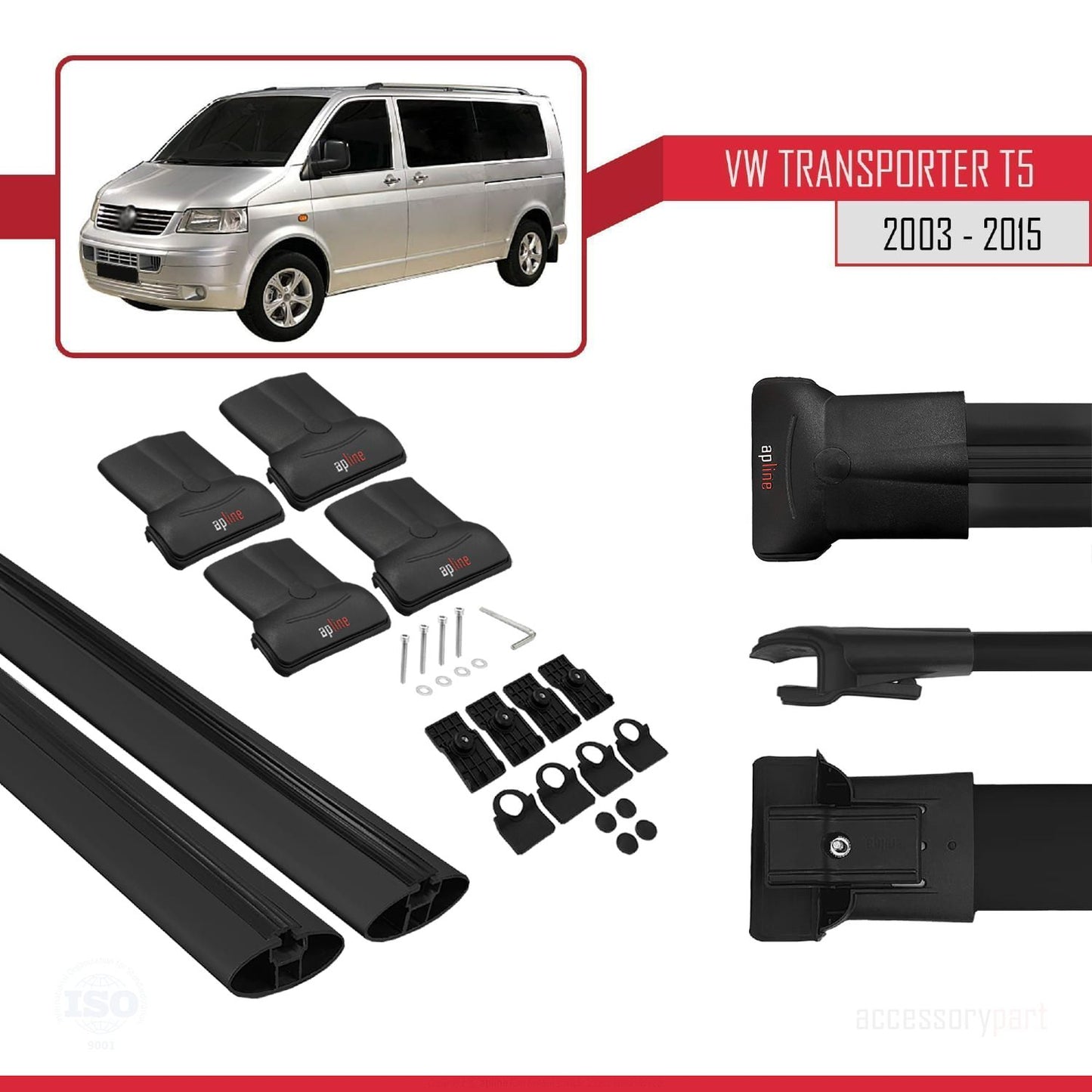 Compatible with Volkswagen Transporter (T5) 2003-2015 FLY Model Roof Rack Black 2 Aluminium Bars