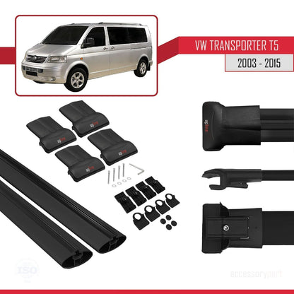 Compatible with Volkswagen Transporter (T5) 2003-2015 FLY Model Roof Rack Black 2 Aluminium Bars