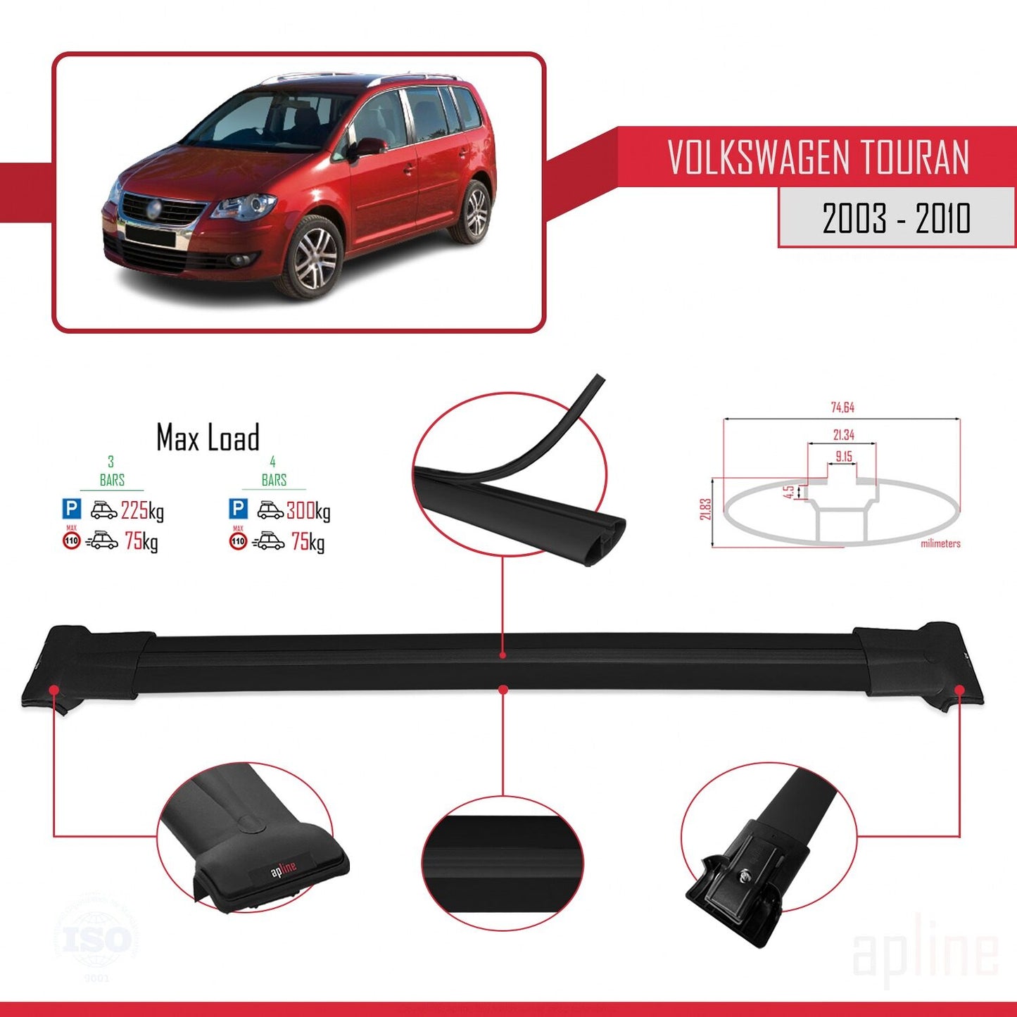 Compatible with Volkswagen Touran (1T) Pre-Facelift 2003-2010 FLY Model Car Roof Rack Cross Bar Black Aluminium 3 Bars