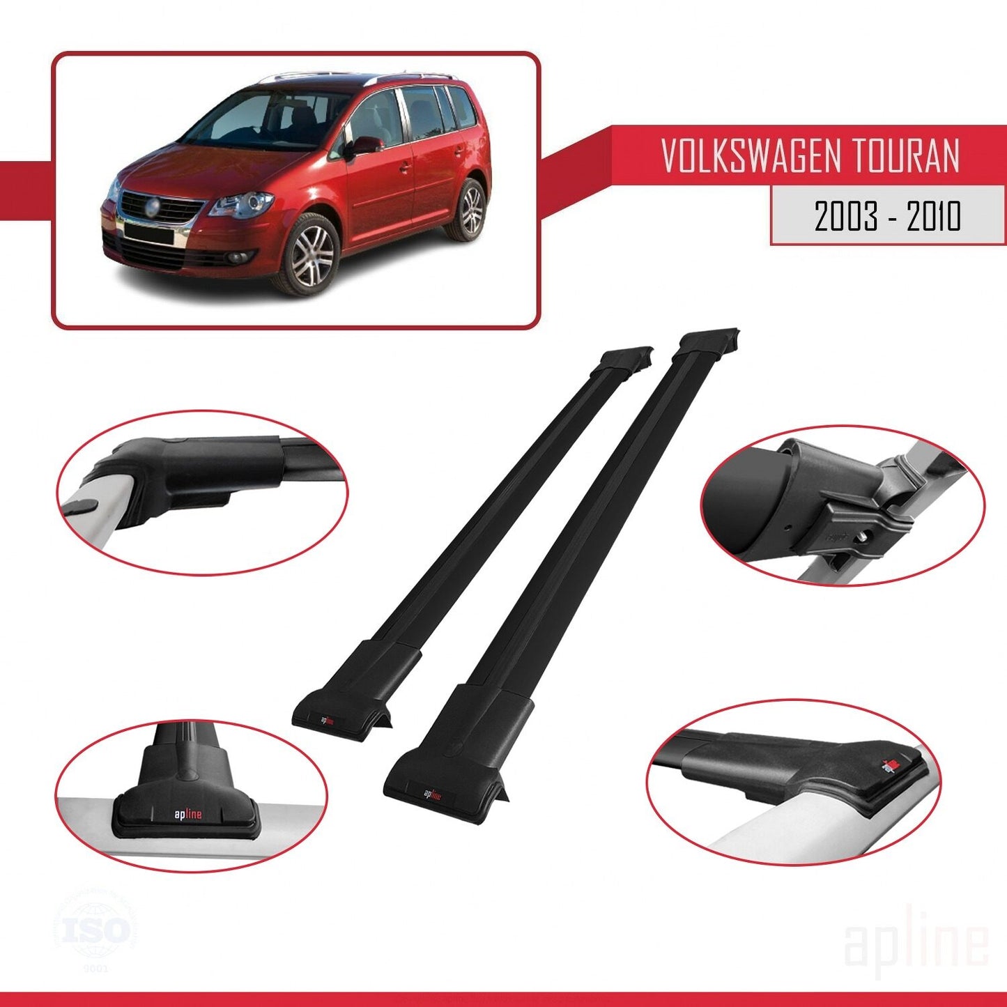 Compatible with Volkswagen Touran (1T) Pre-Facelift 2003-2010 FLY Model Car Roof Rack Cross Bar Black Aluminium 2 Bars
