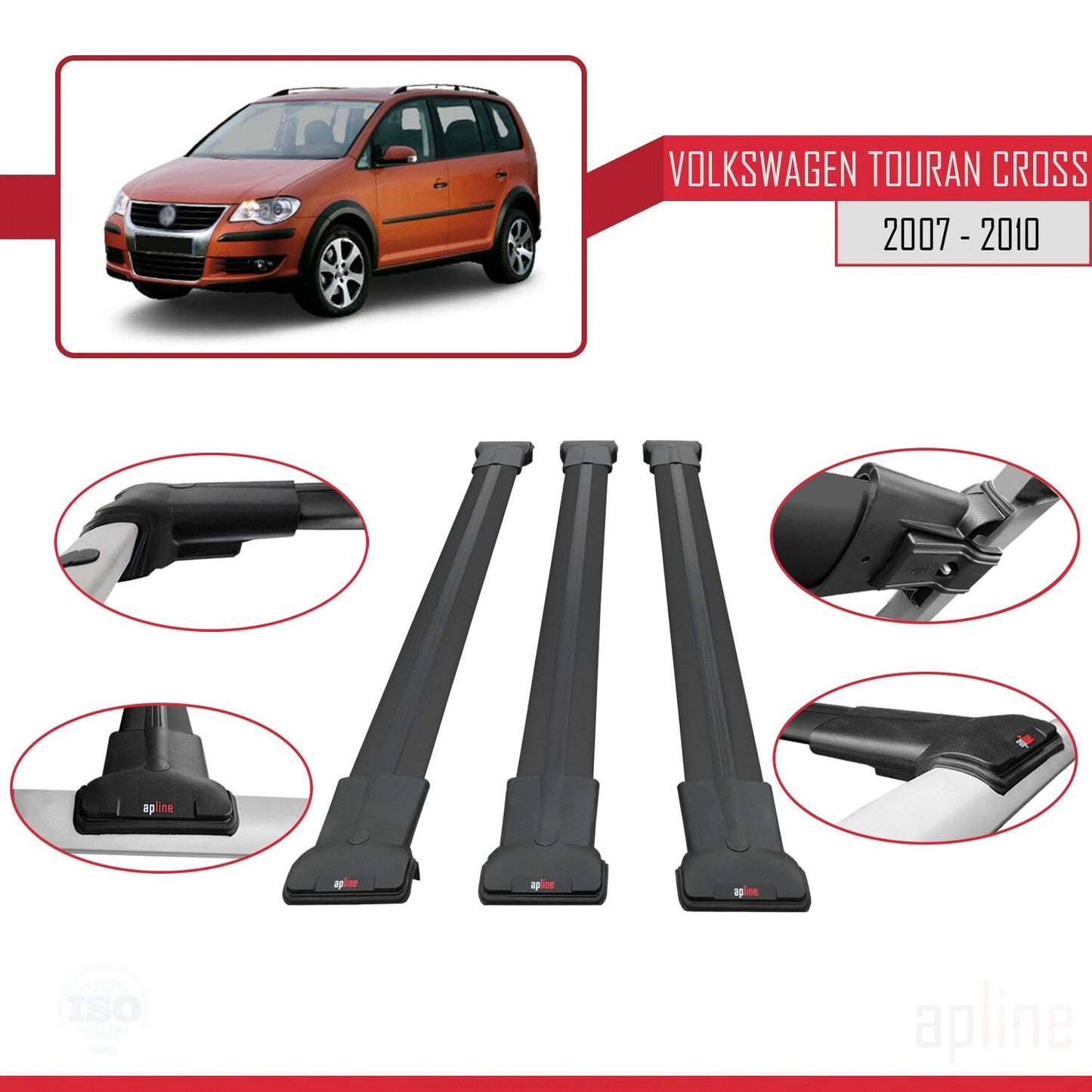 Compatible with Volkswagen Touran Cross Pre-Facelift 2007-2010 FLY Model Car Roof Rack Cross Bar Black Aluminium 3 Bars