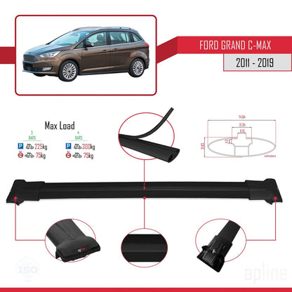 Compatible with Ford Grand C-Max (C344) 2011-2019 FLY Model Car Roof Rack Cross Bar Black Aluminium 3 Bars