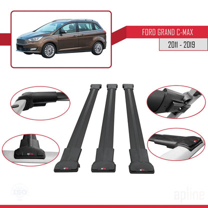 Compatible with Ford Grand C-Max (C344) 2011-2019 FLY Model Car Roof Rack Cross Bar Black Aluminium 3 Bars