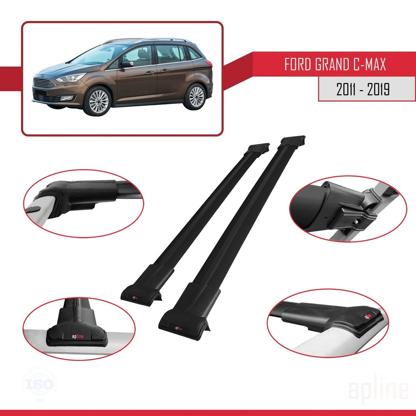 Compatible with Ford Grand C-Max (C344) 2011-2019 FLY Model Car Roof Rack Cross Bar Black Aluminium 2 Bars
