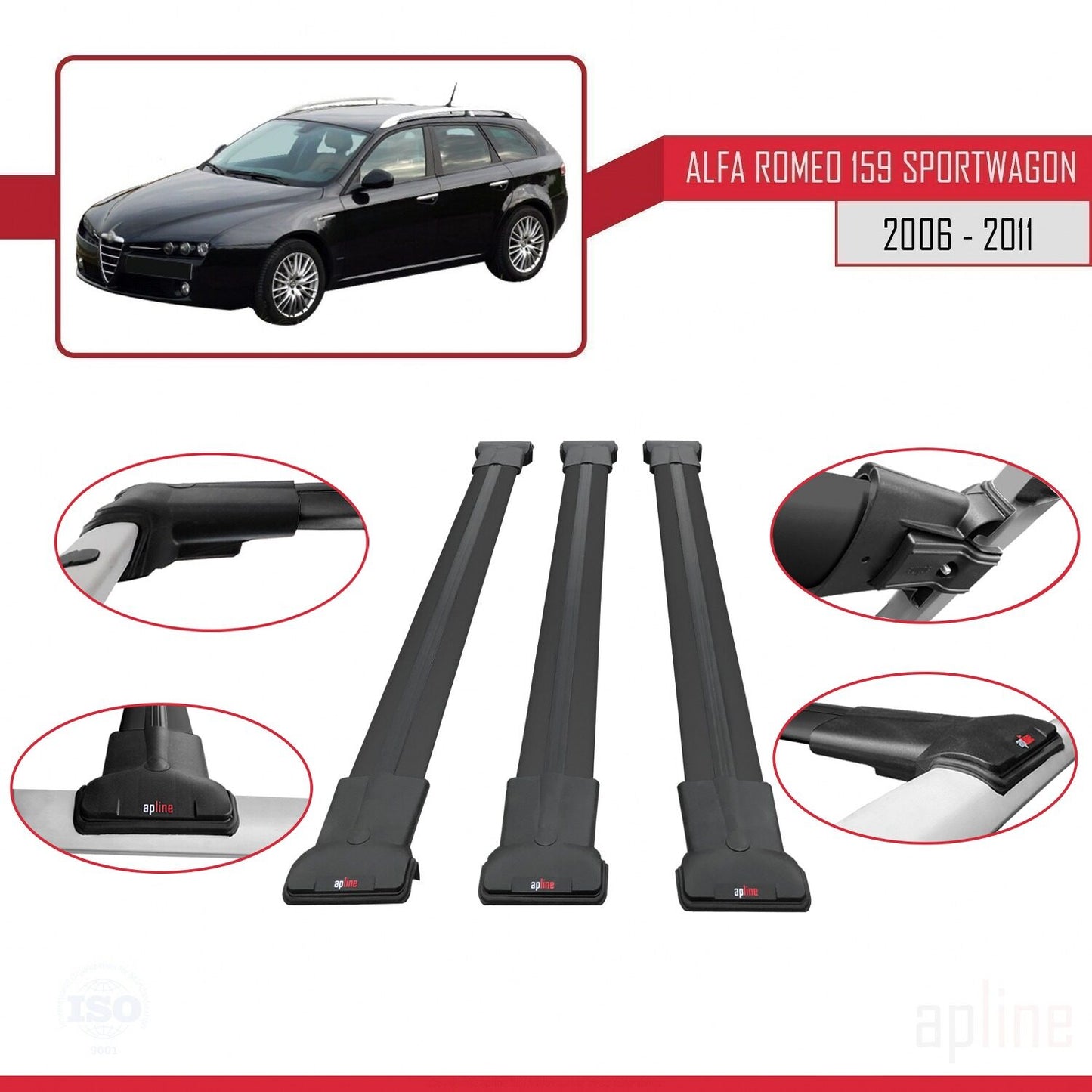 Compatible with Alfa Romeo 159 (T939) SW 2006-2011 FLY Model Car Roof Rack Cross Bar Black Aluminium 3 Bars