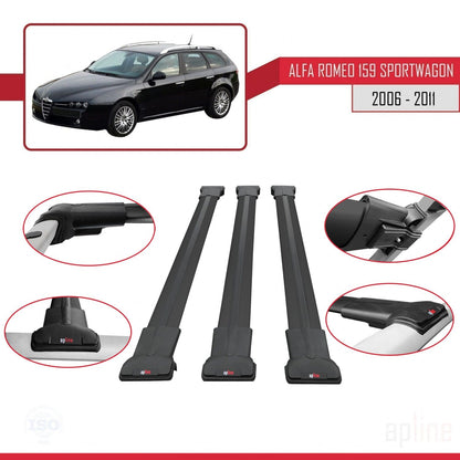 Compatible with Alfa Romeo 159 (T939) SW 2006-2011 FLY Model Car Roof Rack Cross Bar Black Aluminium 3 Bars