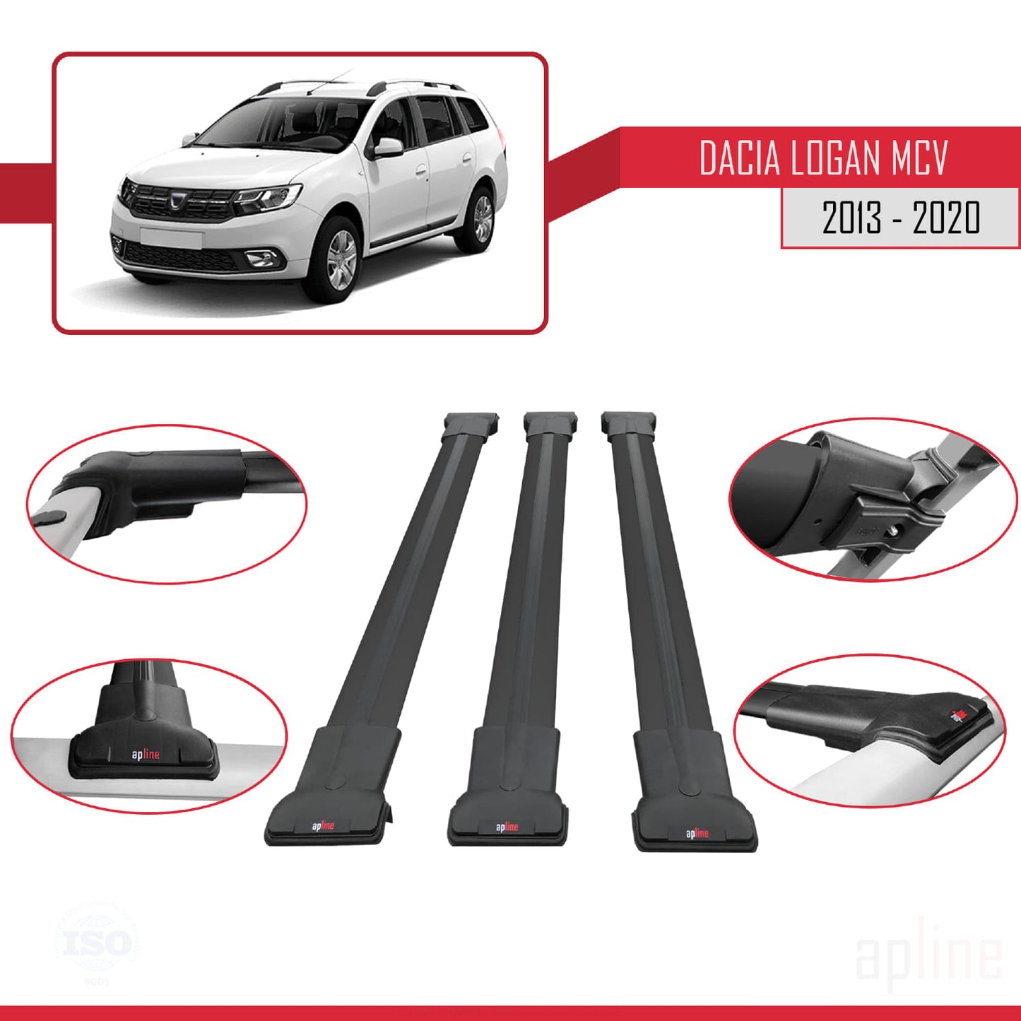Compatible with Dacia Logan 2 MCV (K52) 2013-2020 FLY Model Car Roof Rack Cross Bar Black Aluminium 3 Bars