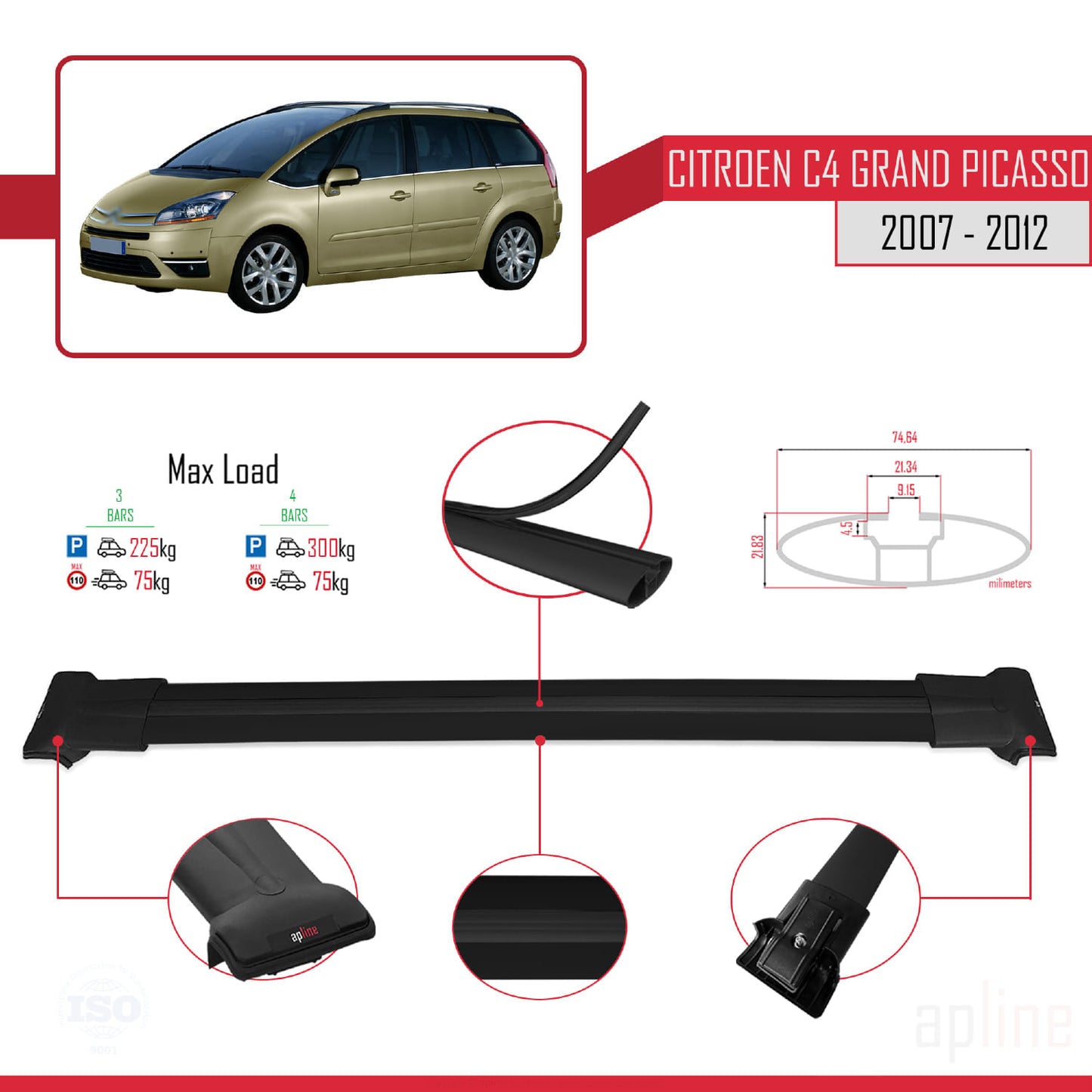 Compatible with Citroen Grand C4 Picasso 2007-2012 FLY Model Car Roof Rack Cross Bar Black Aluminium 3 Bars