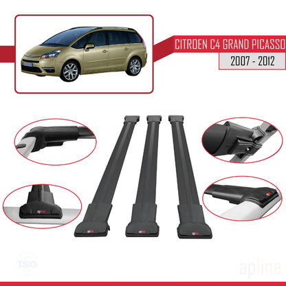 Compatible with Citroen Grand C4 Picasso 2007-2012 FLY Model Car Roof Rack Cross Bar Black Aluminium 3 Bars