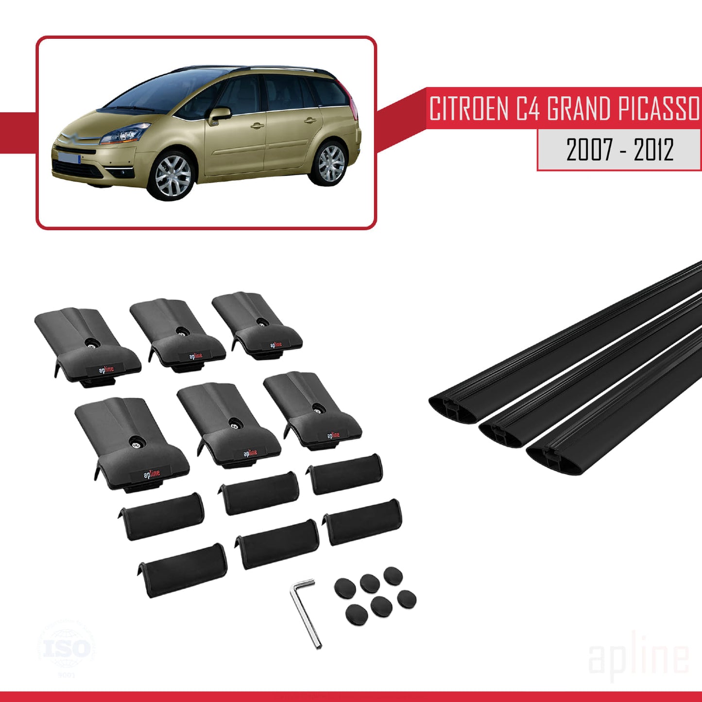 Compatible with Citroen Grand C4 Picasso 2007-2012 FLY Model Car Roof Rack Cross Bar Black Aluminium 3 Bars