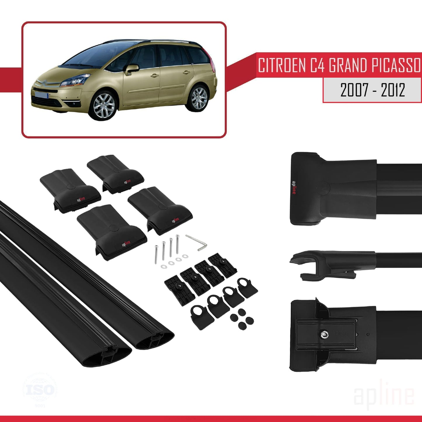 Compatible with Citroen Grand C4 Picasso 2007-2012 FLY Model Car Roof Rack Cross Bar Black Aluminium 2 Bars