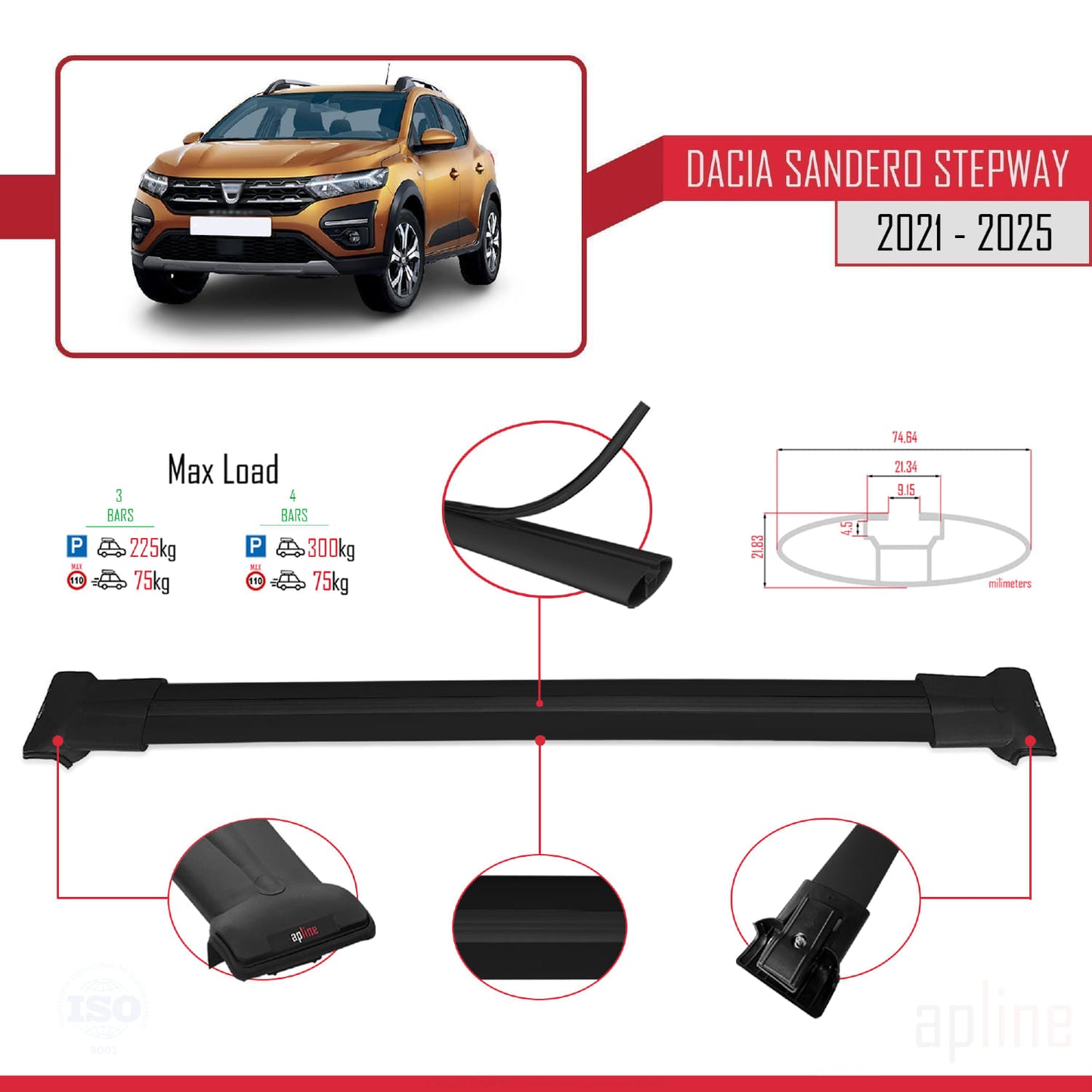 Compatible with Dacia Sandero Stepway 3 2021-2025 FLY Model Car Roof Rack Cross Bar Black Aluminium 3 Bars