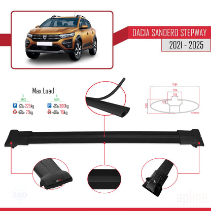 Compatible with Dacia Sandero Stepway 3 2021-2025 FLY Model Car Roof Rack Cross Bar Black Aluminium 3 Bars
