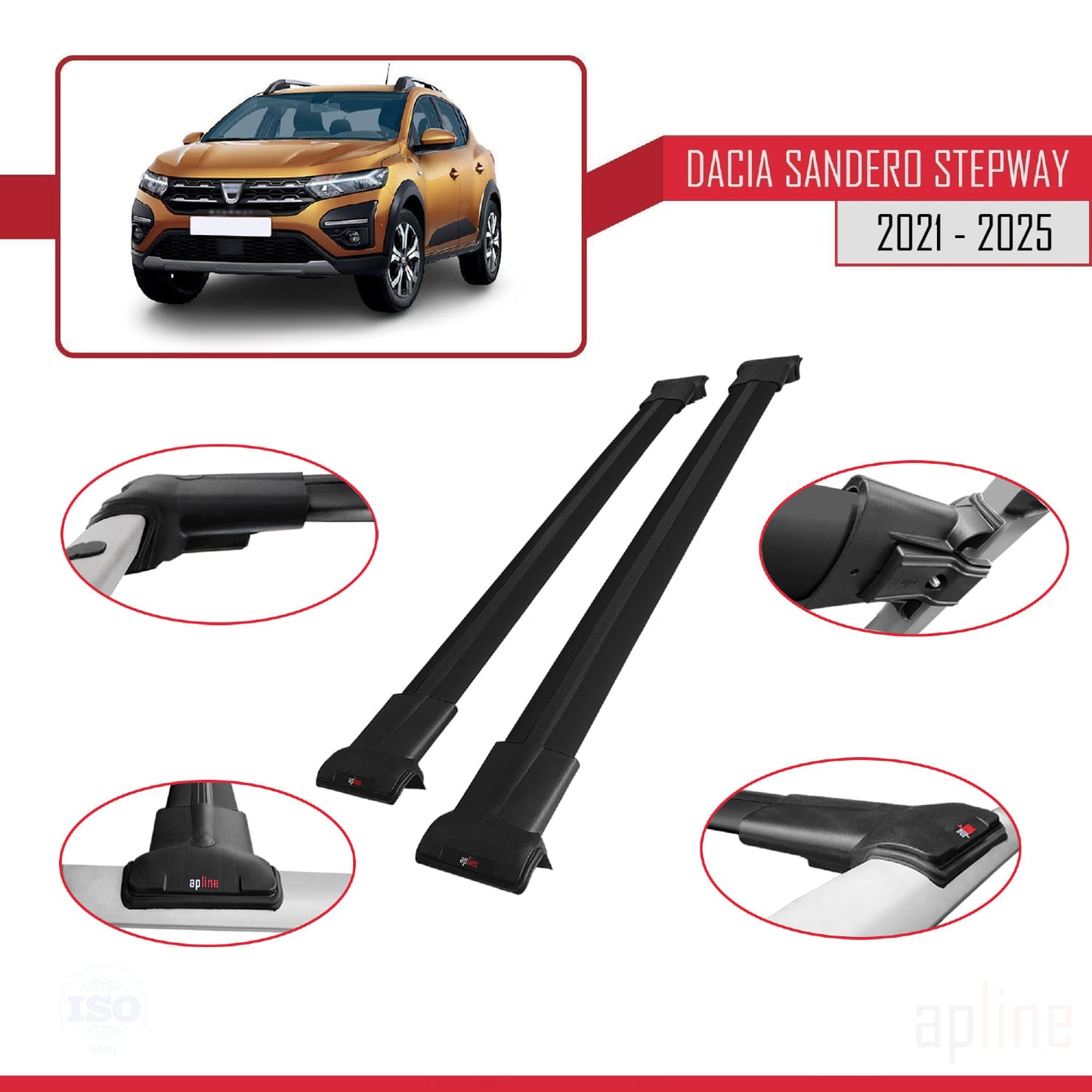 Compatible with Dacia Sandero Stepway 3 2021-2025 FLY Model Car Roof Rack Cross Bar Black Aluminium 2 Bars