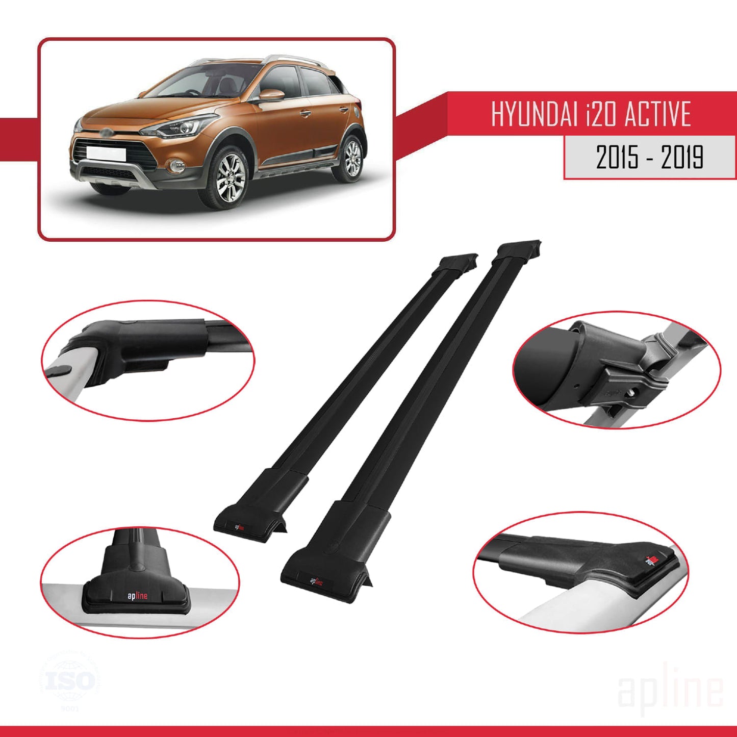 Compatible with Hyundai i20 II Active 2015-2019 FLY Model Car Roof Rack Cross Bar Black Aluminium 2 Bars