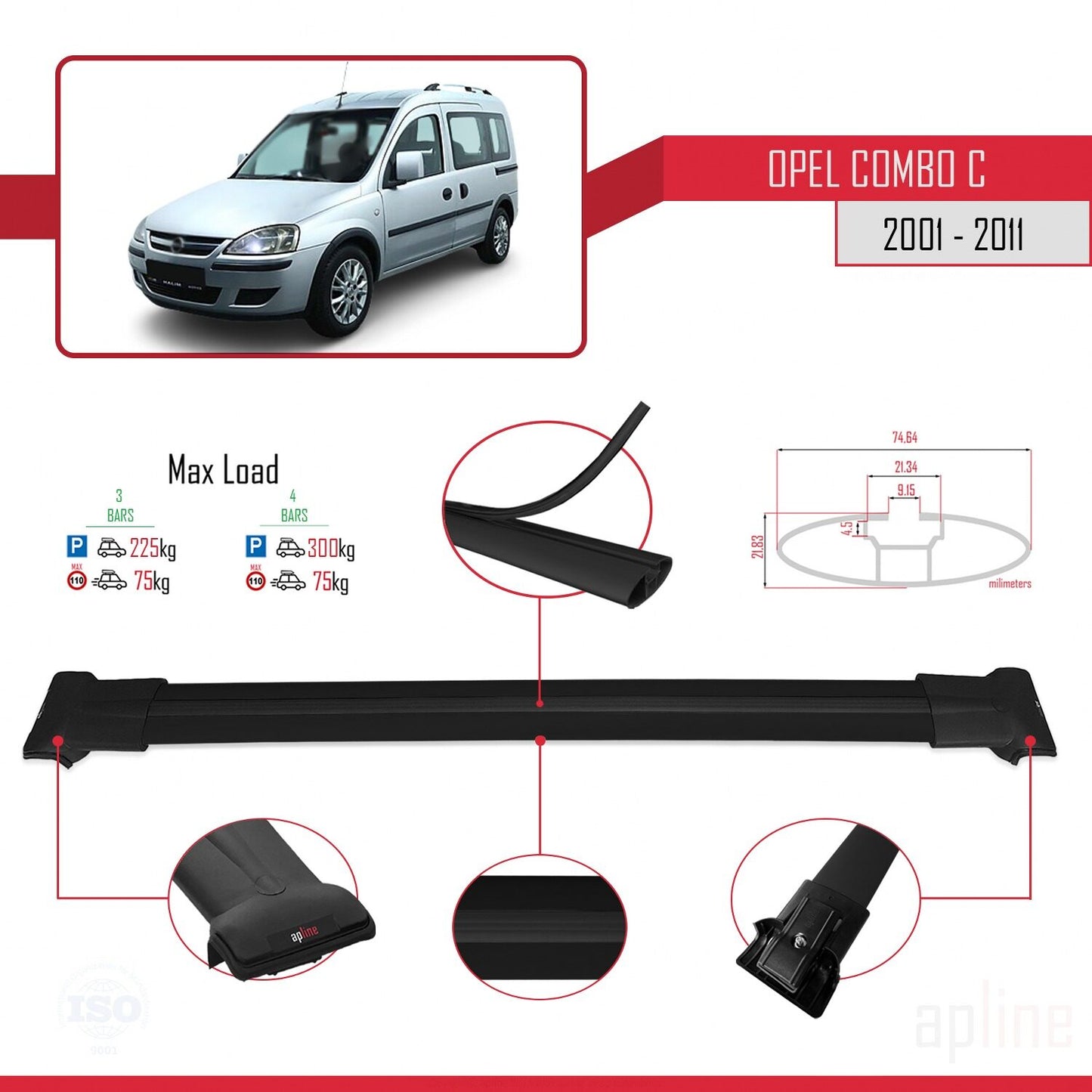 Compatible with Opel Combo C 2001-2011 FLY Model Car Roof Rack Cross Bar Black Aluminium 3 Bars