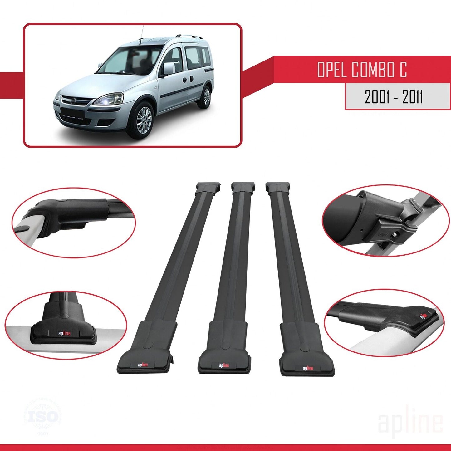 Compatible with Opel Combo C 2001-2011 FLY Model Car Roof Rack Cross Bar Black Aluminium 3 Bars