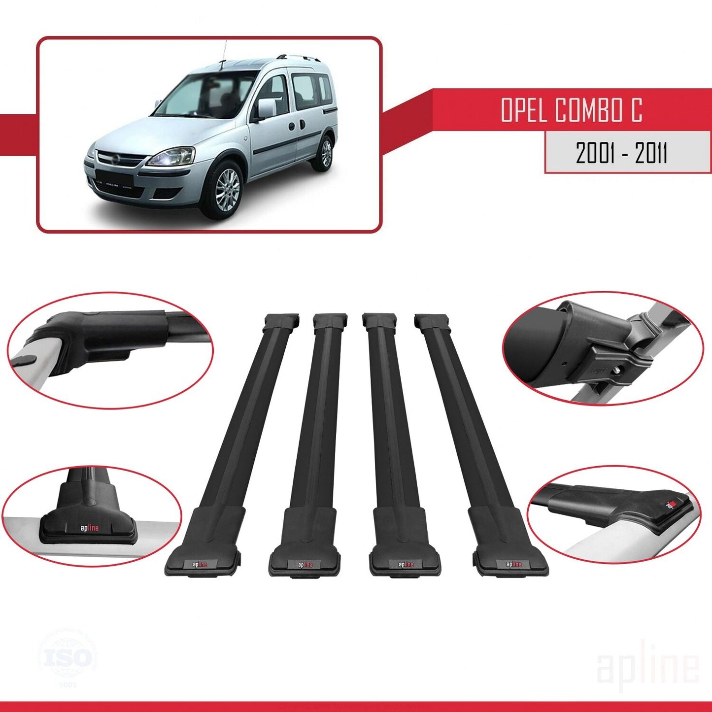 Compatible with Opel Combo C 2001-2011 FLY Model Car Roof Rack Cross Bar Black Aluminium 4 Bars