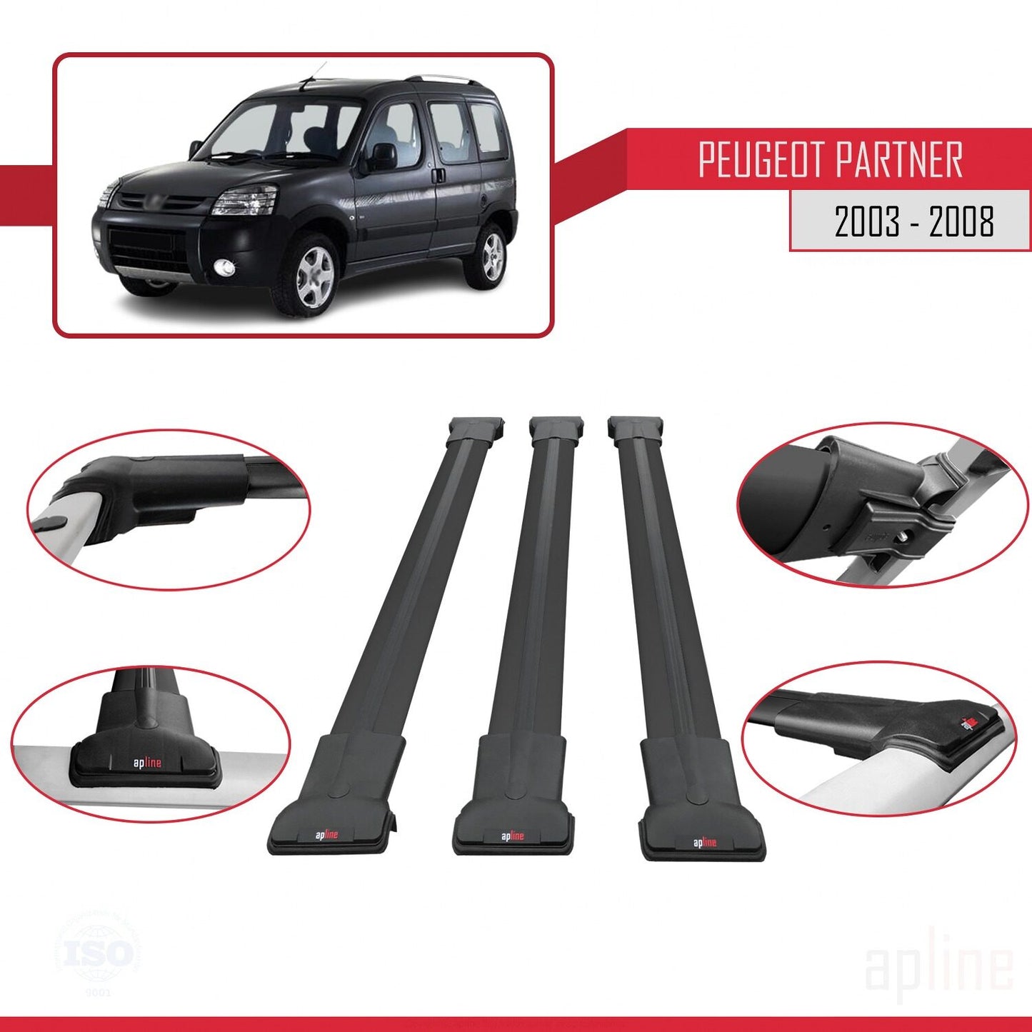 Compatible with Peugeot Partner Post-Facelift 2003-2008 FLY Model Car Roof Rack Cross Bar Black Aluminium 3 Bars
