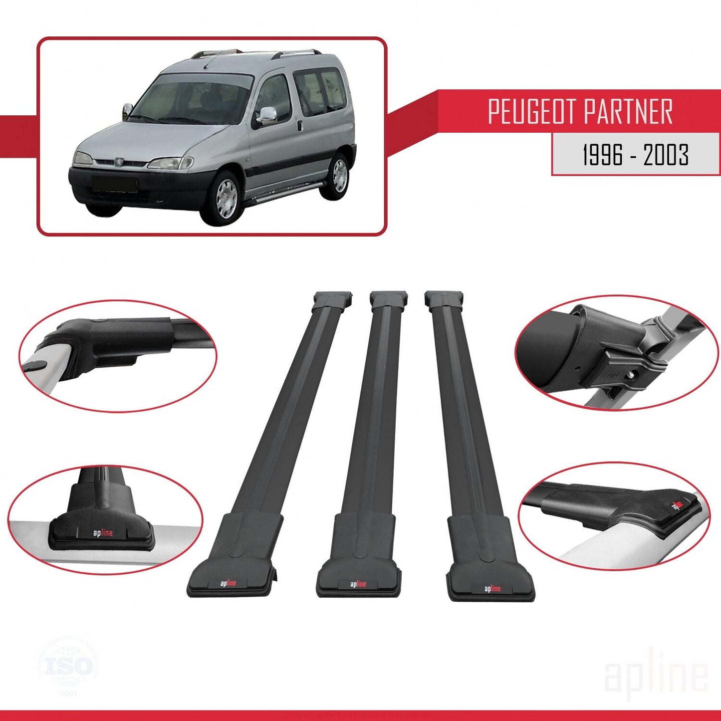Compatible with Peugeot Partner Pre-Facelift 1996-2003 FLY Model Car Roof Rack Cross Bar Black Aluminium 3 Bars