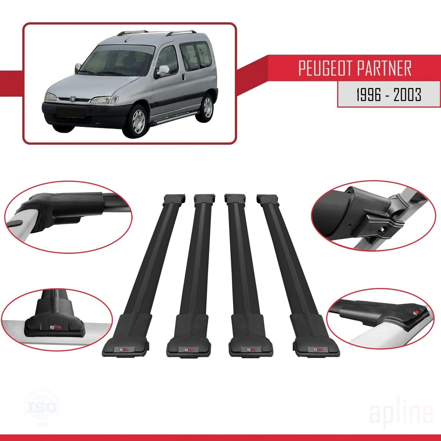 Compatible with Peugeot Partner Pre-Facelift 1996-2003 FLY Model Car Roof Rack Cross Bar Black Aluminium 4 Bars