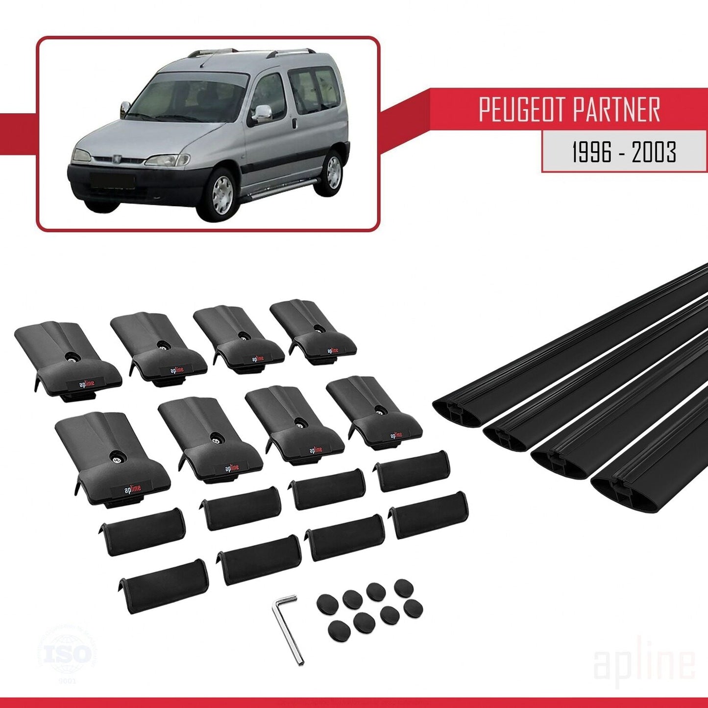 Compatible with Peugeot Partner Pre-Facelift 1996-2003 FLY Model Car Roof Rack Cross Bar Black Aluminium 4 Bars