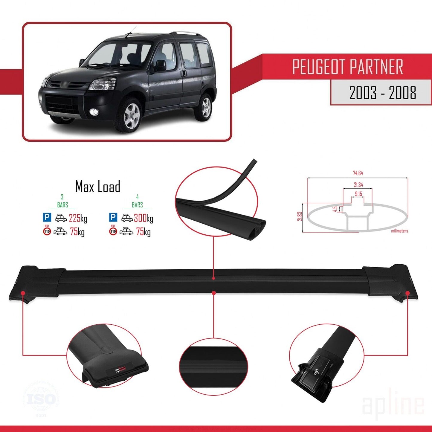 Compatible with Peugeot Partner Post-Facelift 2003-2008 FLY Model Car Roof Rack Cross Bar Black Aluminium 4 Bars