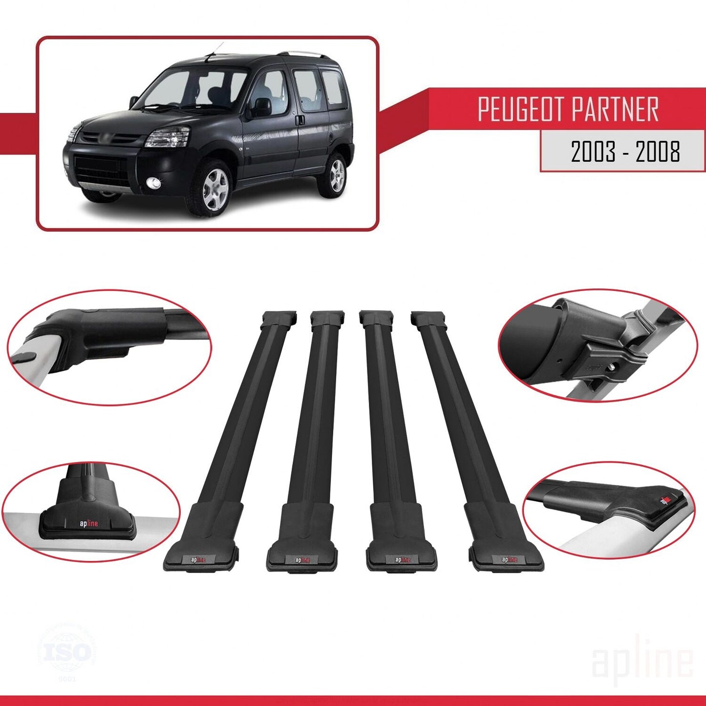 Compatible with Peugeot Partner Post-Facelift 2003-2008 FLY Model Car Roof Rack Cross Bar Black Aluminium 4 Bars