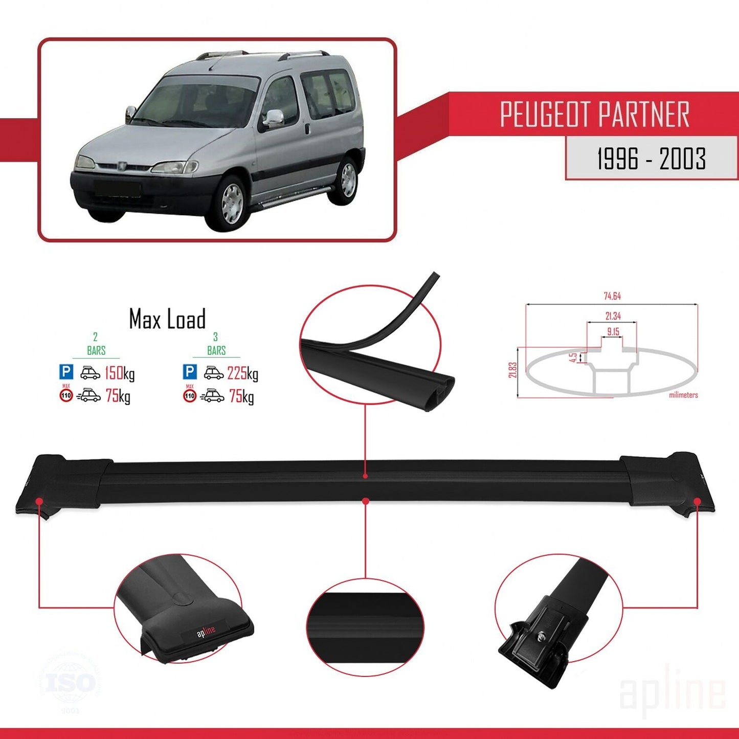 Compatible with Peugeot Partner Pre-Facelift 1996-2003 FLY Model Car Roof Rack Cross Bar Black Aluminium 2 Bars