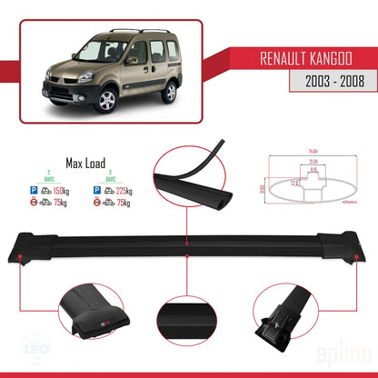 Compatible with Renault Kangoo (X76) Post-Facelift 2003-2008 FLY Model Car Roof Rack Cross Bar Black Aluminium 2 Bars