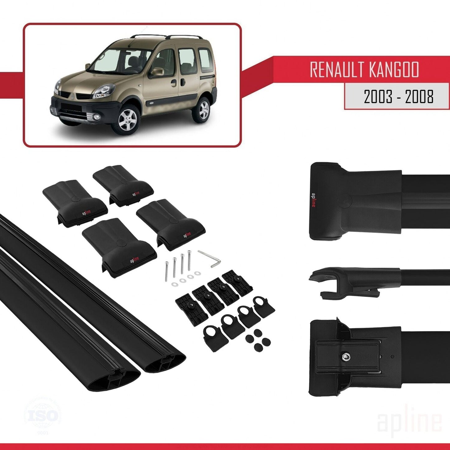Compatible with Renault Kangoo (X76) Post-Facelift 2003-2008 FLY Model Car Roof Rack Cross Bar Black Aluminium 2 Bars