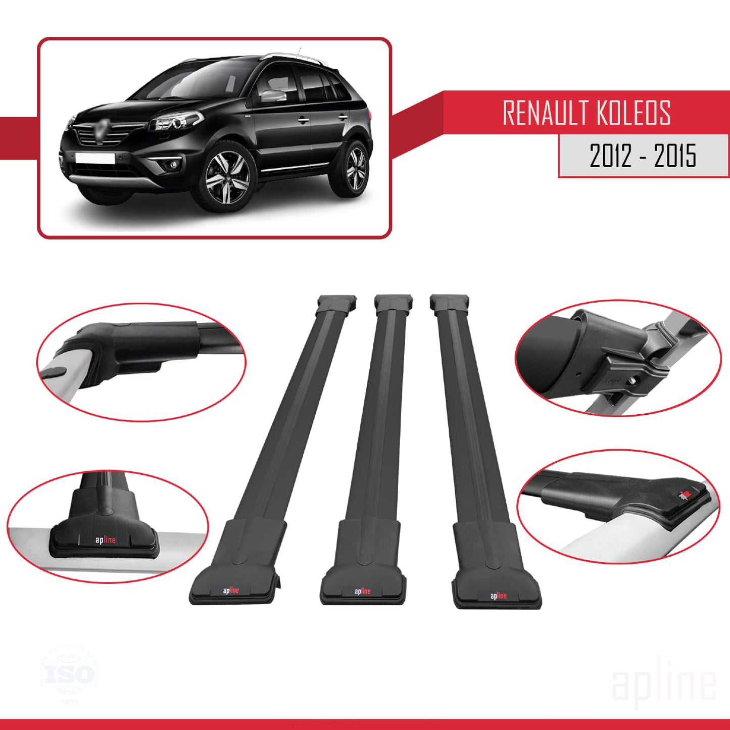 Compatible with Renault Koleos (HY) Post-Facelift 2012-2015 FLY Model Car Roof Rack Cross Bar Black Aluminium 3 Bars