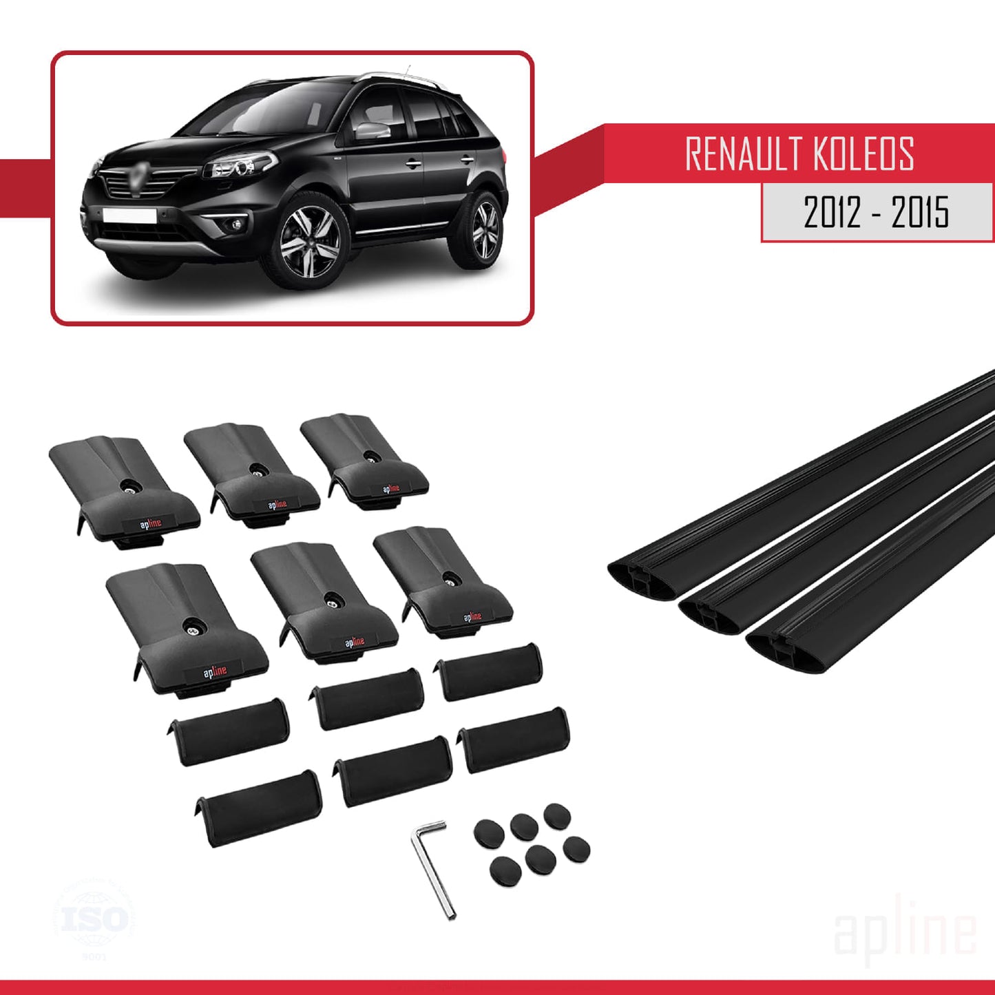 Compatible with Renault Koleos (HY) Post-Facelift 2012-2015 FLY Model Car Roof Rack Cross Bar Black Aluminium 3 Bars