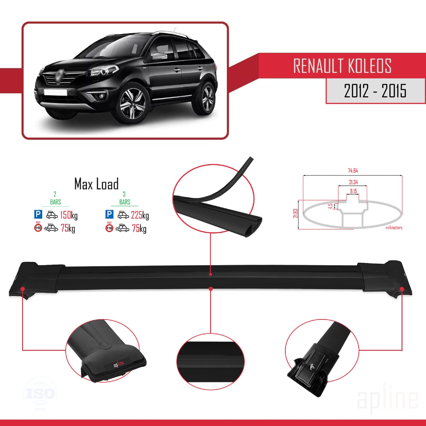 Compatible with Renault Koleos (HY) Post-Facelift 2012-2015 FLY Model Car Roof Rack Cross Bar Black Aluminium 2 Bars