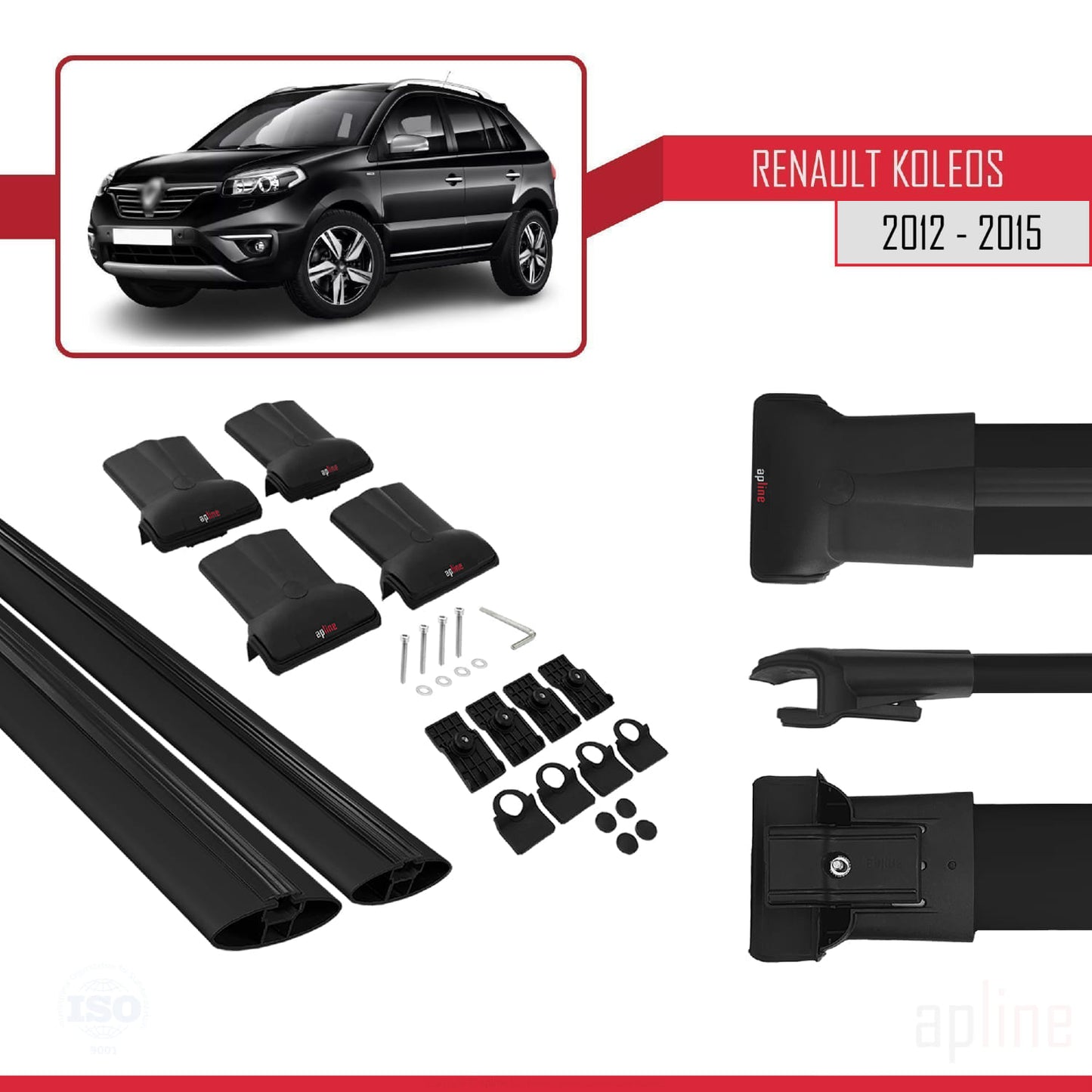 Compatible with Renault Koleos (HY) Post-Facelift 2012-2015 FLY Model Car Roof Rack Cross Bar Black Aluminium 2 Bars