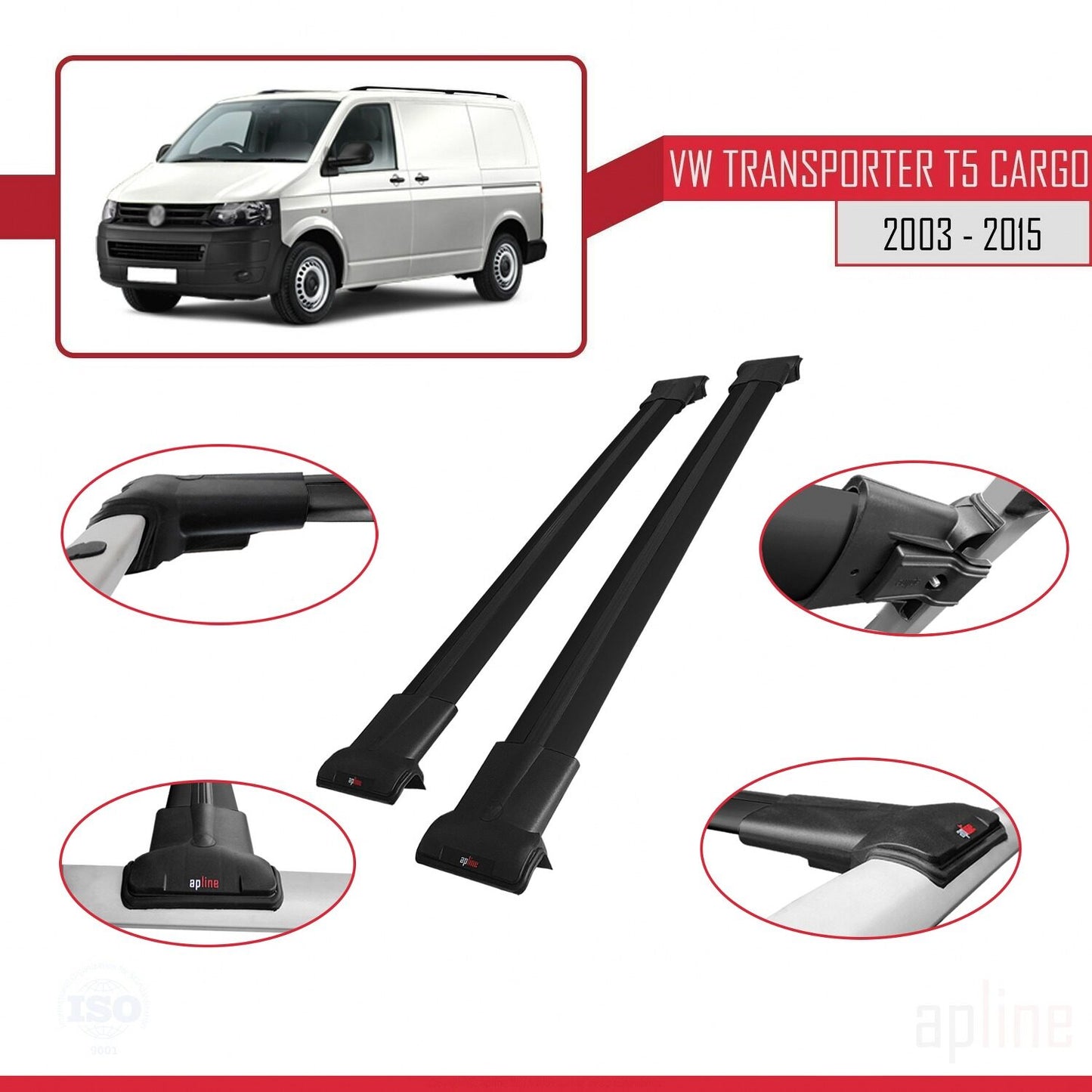 Compatible with Volkswagen T5 Transporter 2003-2015 FLY Model Car Roof Rack Cross Bar Black Aluminium 2 Bars