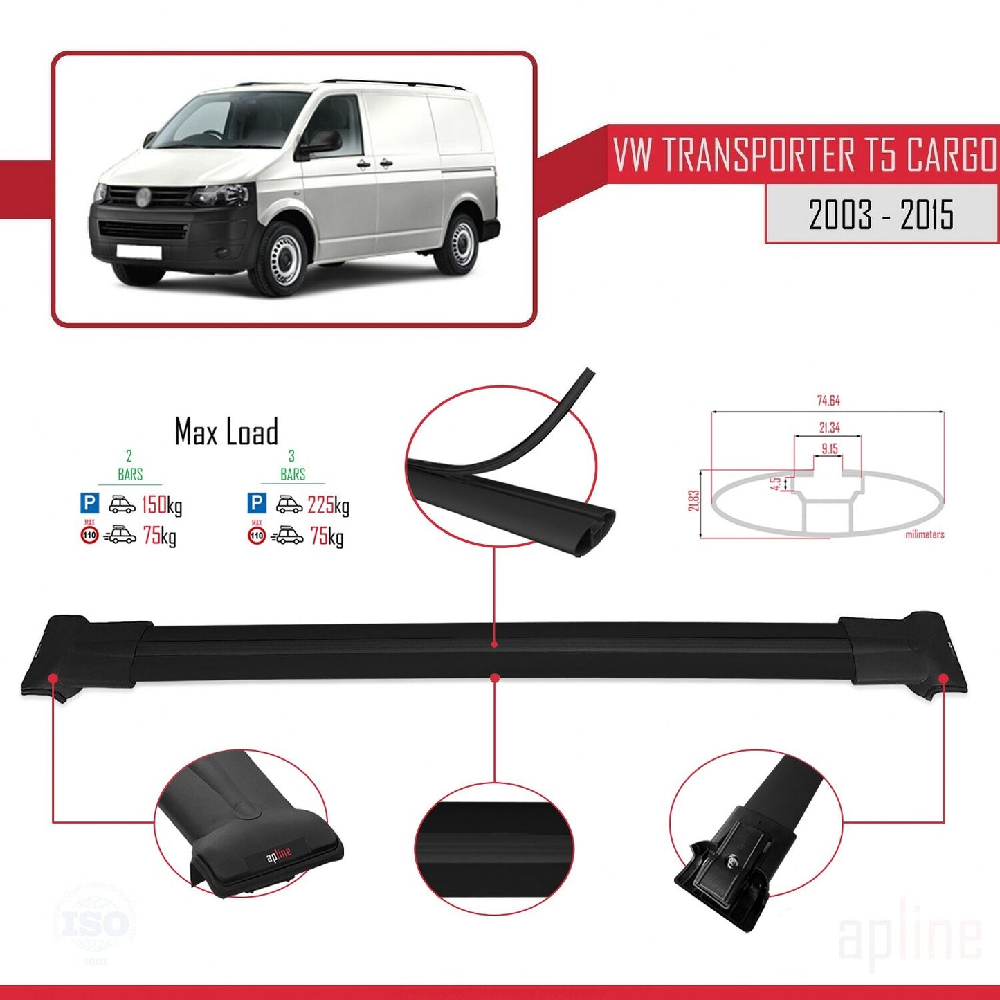 Compatible with Volkswagen T5 Transporter 2003-2015 FLY Model Car Roof Rack Cross Bar Black Aluminium 2 Bars