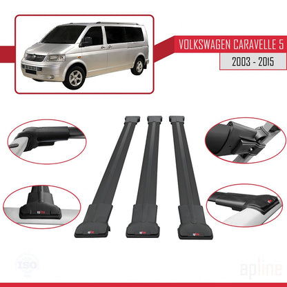 Compatible with Volkswagen T5 Caravelle 2003-2015 FLY Model Car Roof Rack Cross Bar Black Aluminium 3 Bars