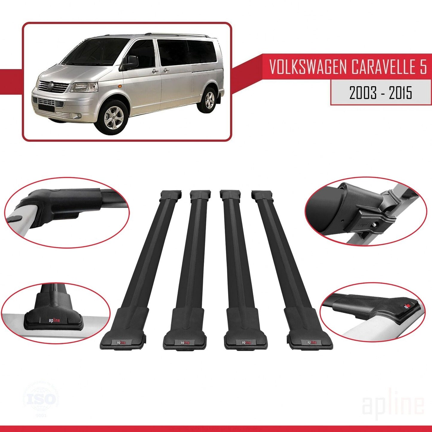Compatible with Volkswagen T5 Caravelle 2003-2015 FLY Model Car Roof Rack Cross Bar Black Aluminium 4 Bars