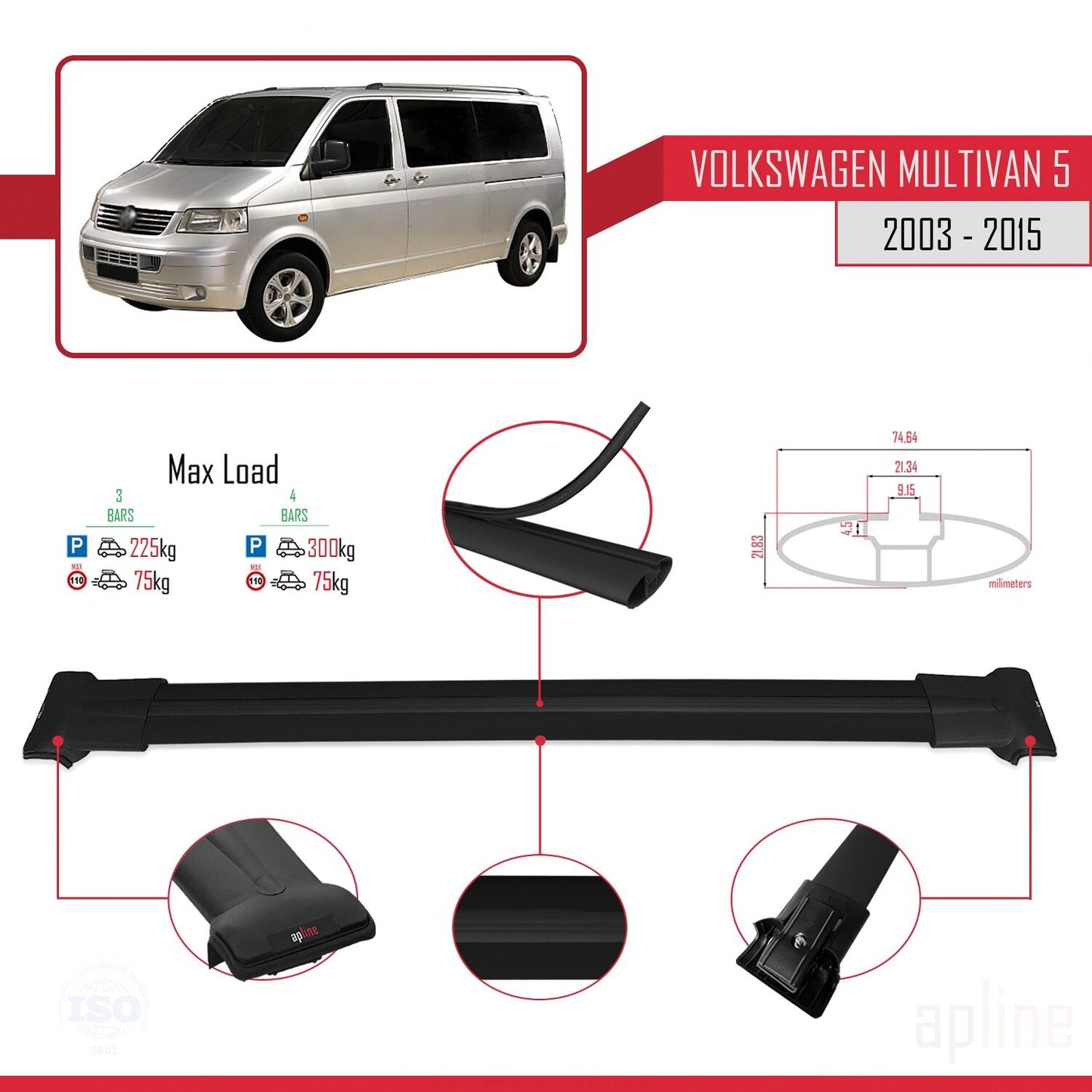 Compatible with Volkswagen T5 Multivan 2003-2015 FLY Model Car Roof Rack Cross Bar Black Aluminium 3 Bars