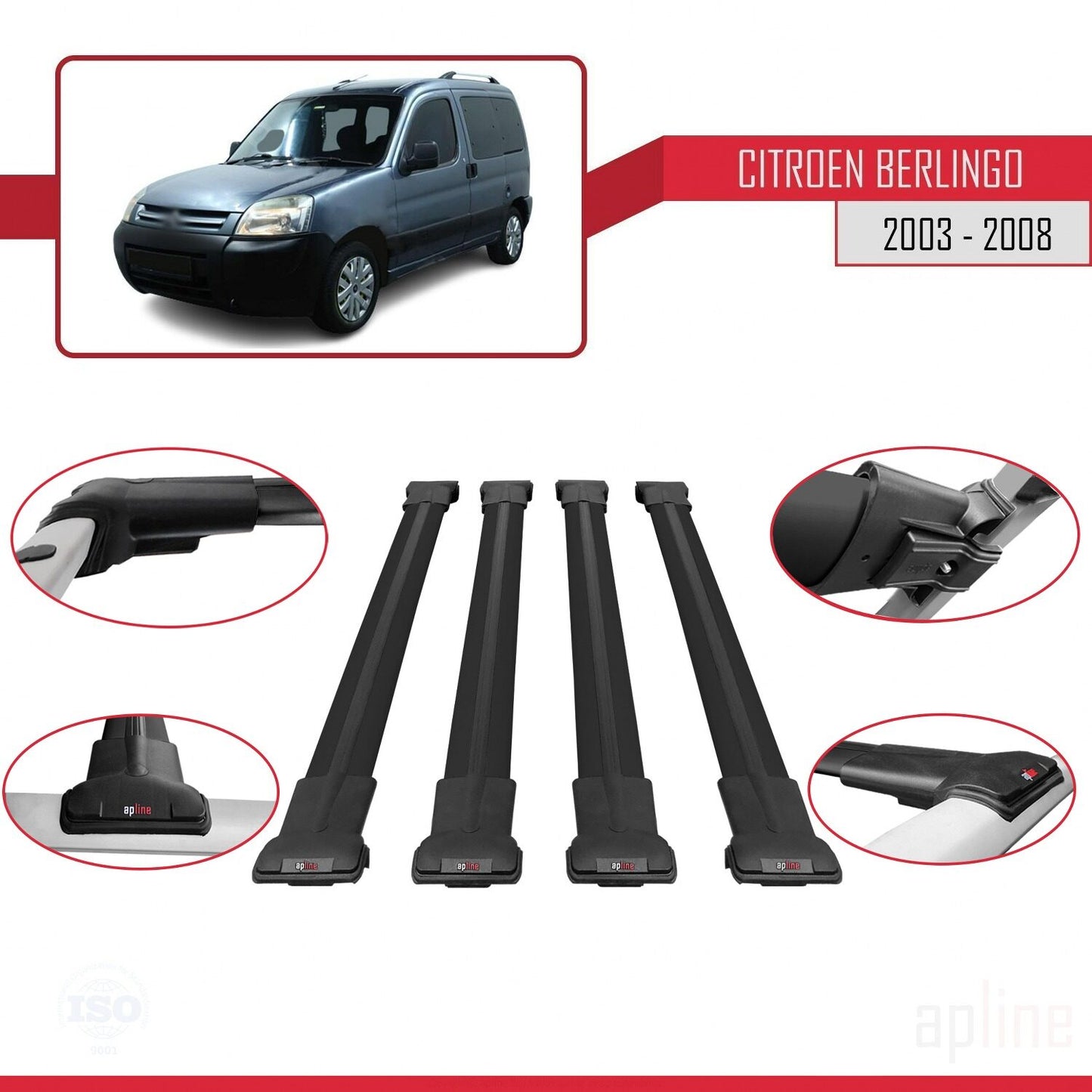 Compatible with Citroen Berlingo (M59) 2003-2008 FLY Model Car Roof Rack Cross Bar Black Aluminium 4 Bars