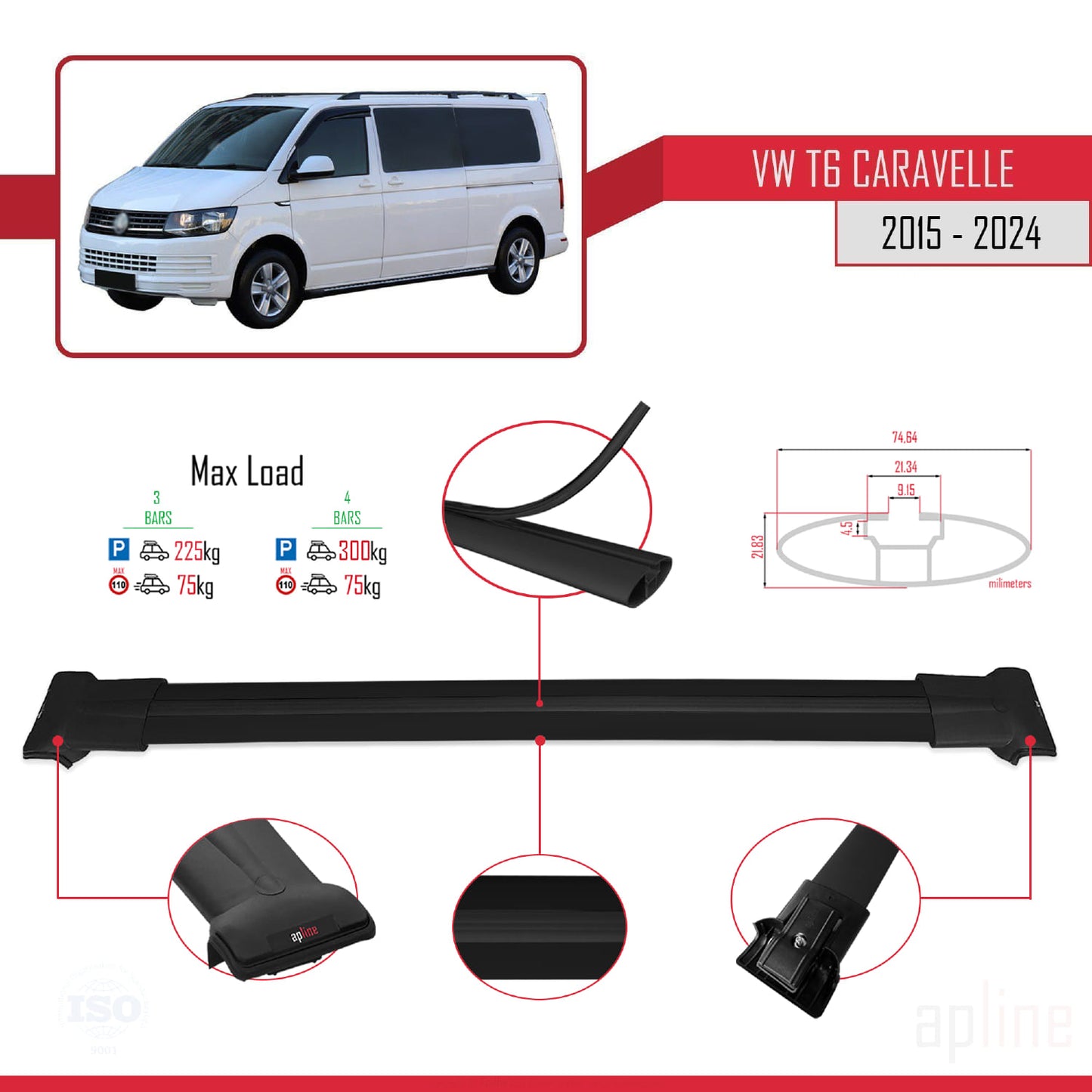 Compatible with Volkswagen T6 Caravelle 2015-2024 FLY Model Car Roof Rack Cross Bar Black Aluminium 4 Bars