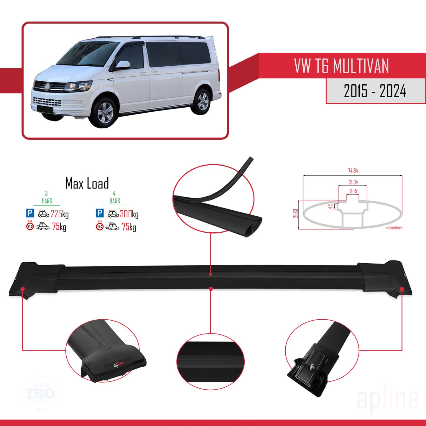 Compatible with Volkswagen T6 Multivan 2015-2024 FLY Model Car Roof Rack Cross Bar Black Aluminium 3 Bars