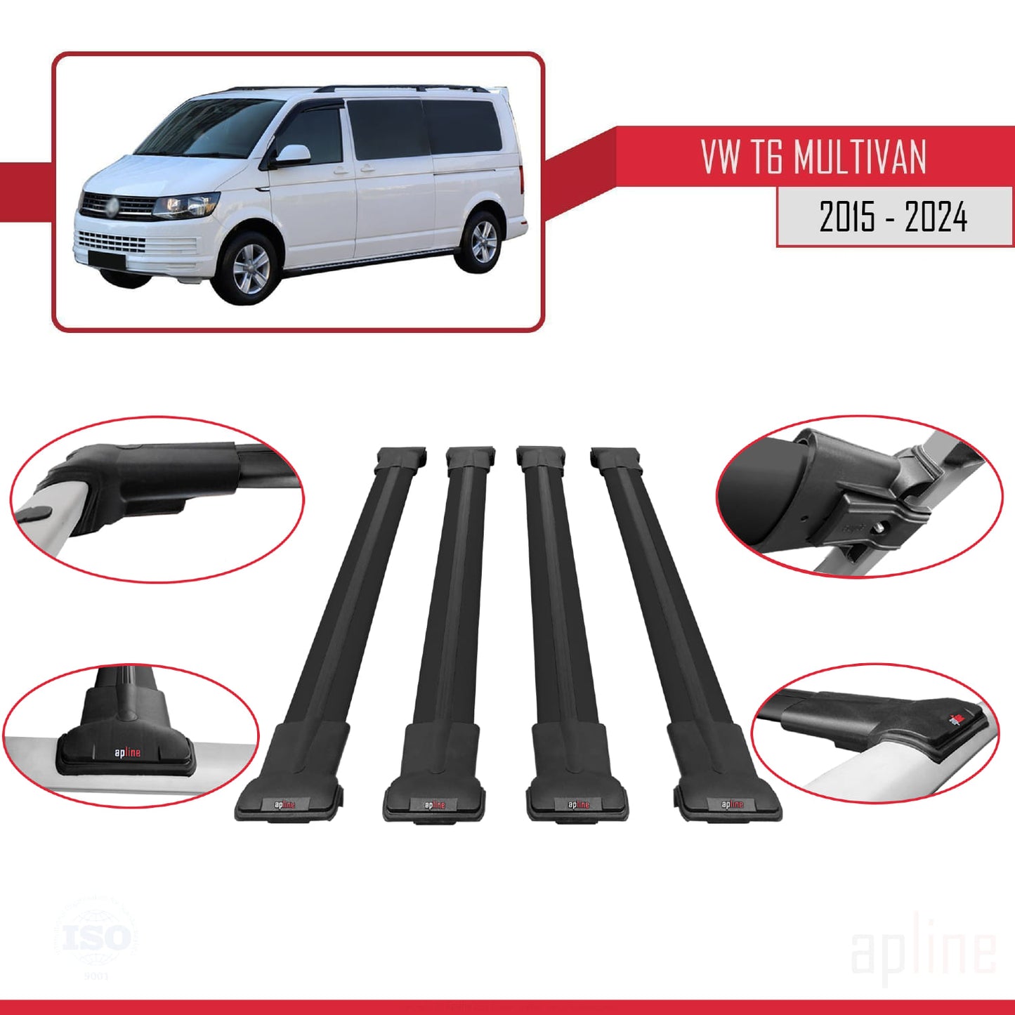 Compatible with Volkswagen T6 Multivan 2015-2024 FLY Model Car Roof Rack Cross Bar Black Aluminium 4 Bars