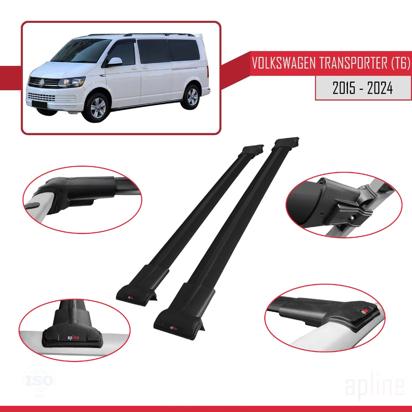 Compatible with Volkswagen T6 Transporter 2015-2024 FLY Model Car Roof Rack Cross Bar Black Aluminium 2 Bars