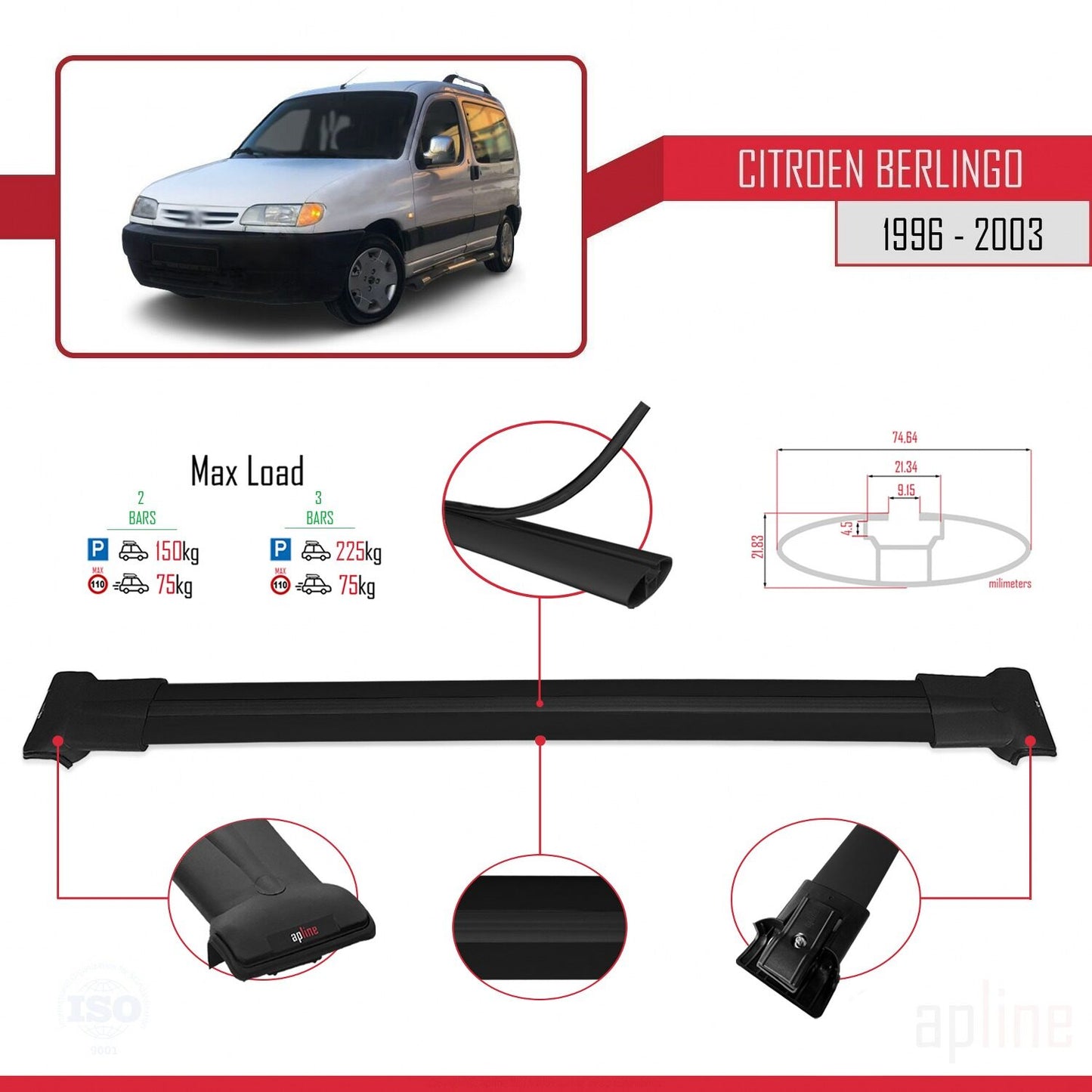 Compatible with Citroen Berlingo (M59) 2003-2008 FLY Model Car Roof Rack Cross Bar Black Aluminium 2 Bars