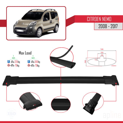 Compatible with Citroen Nemo 3 (225) 2008-2017 FLY Model Car Roof Rack Cross Bar Black Aluminium 3 Bars