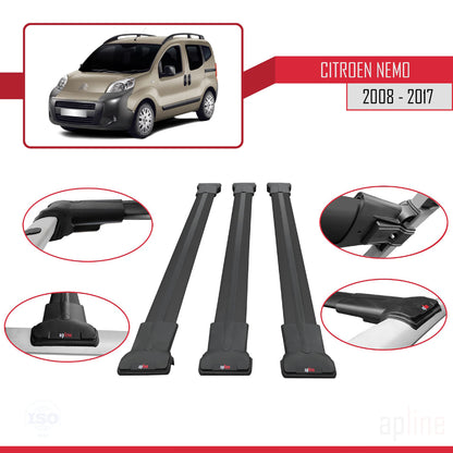 Compatible with Citroen Nemo 3 (225) 2008-2017 FLY Model Car Roof Rack Cross Bar Black Aluminium 3 Bars